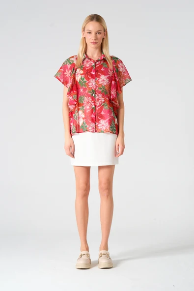 Polo Yaka Fırfırlı Kısa Kol Şifon Gömlek - 7