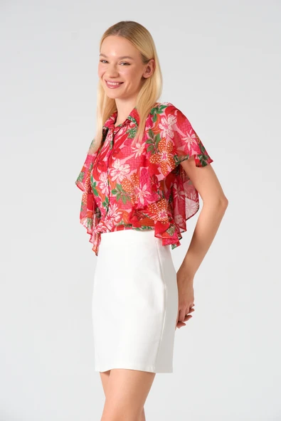 Polo Yaka Fırfırlı Kısa Kol Şifon Gömlek