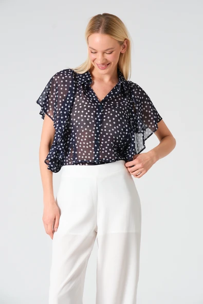 Polo Yaka Fırfırlı Kısa Kol Şifon Gömlek - 12