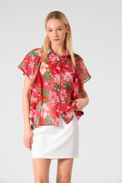 Polo Yaka Fırfırlı Kısa Kol Şifon Gömlek - 6