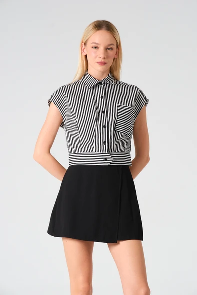 Polo Yaka Crop Çizgili Gömlek SiyahBeyaz - 3