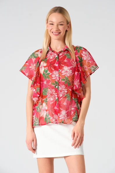 Polo Yaka Fırfırlı Kısa Kol Şifon Gömlek - 5