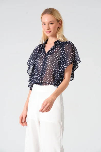 Polo Yaka Fırfırlı Kısa Kol Şifon Gömlek - 10