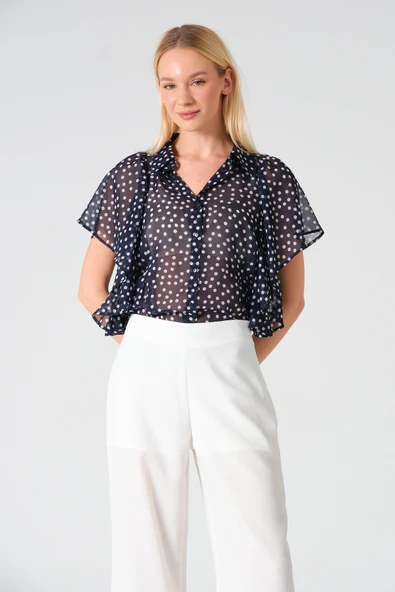 Polo Yaka Fırfırlı Kısa Kol Şifon Gömlek - 11