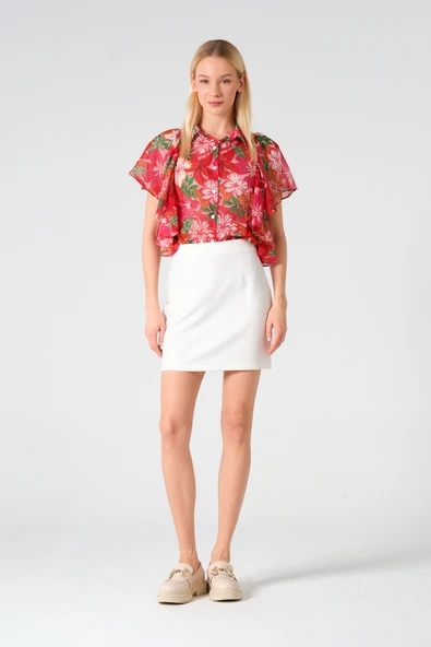 Polo Yaka Fırfırlı Kısa Kol Şifon Gömlek - 4