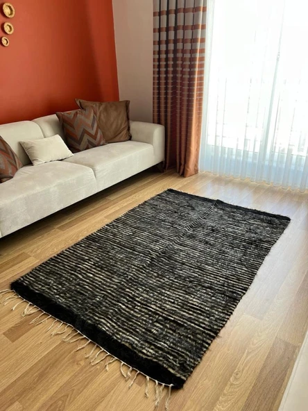 125x190 cm El Dokuma Siyah Beyaz Yün Kilim, Çizgili Motifli Modern Nostaljik Kilim, Şık ve Yumuşak Harika Halı - 2