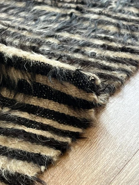 125x190 cm El Dokuma Siyah Beyaz Yün Kilim, Çizgili Motifli Modern Nostaljik Kilim, Şık ve Yumuşak Harika Halı - 3