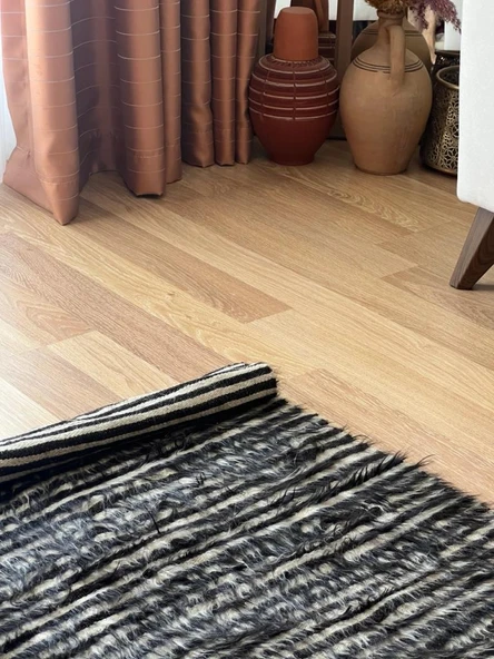 125x190 cm El Dokuma Siyah Beyaz Yün Kilim, Çizgili Motifli Modern Nostaljik Kilim, Şık ve Yumuşak Harika Halı - 10