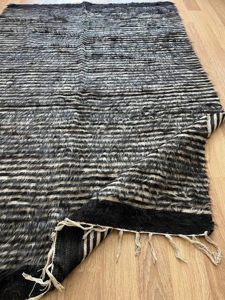 125x190 cm El Dokuma Siyah Beyaz Yün Kilim, Çizgili Motifli Modern Nostaljik Kilim, Şık ve Yumuşak Harika Halı - 8