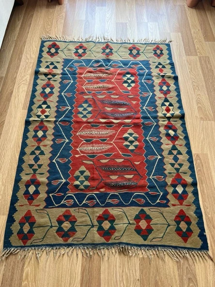 163x110 cm El Dokuma Bohem Stili Türk Kilim, Çiçek Motifli Vintage Kilim, Canlı Renkli Harika Kondisyonlu Kilim
