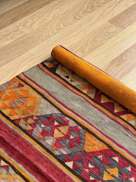 100x162cm El Dokuma Turuncu Kilim, Akrep Motifli, Bohem Stili Renkli Zemin Halısı, Dekoratif Vintage Kilim - 2