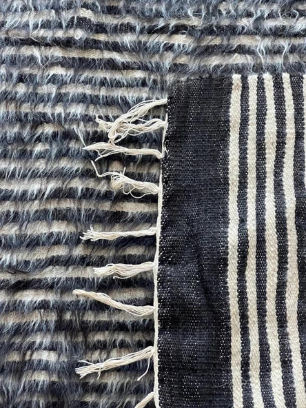125x190 cm El Dokuma Siyah Beyaz Yün Kilim, Çizgili Motifli Modern Nostaljik Kilim, Şık ve Yumuşak Harika Halı - 5