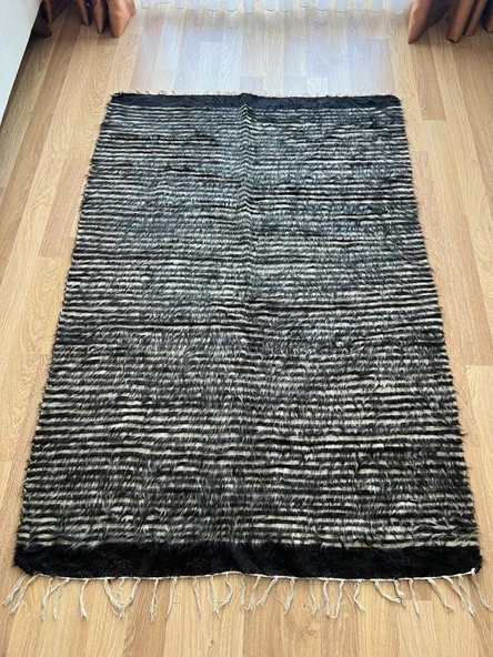 125x190 cm El Dokuma Siyah Beyaz Yün Kilim, Çizgili Motifli Modern Nostaljik Kilim, Şık ve Yumuşak Harika Halı