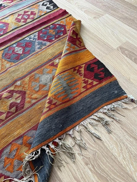 100x162cm El Dokuma Turuncu Kilim, Akrep Motifli, Bohem Stili Renkli Zemin Halısı, Dekoratif Vintage Kilim - 5