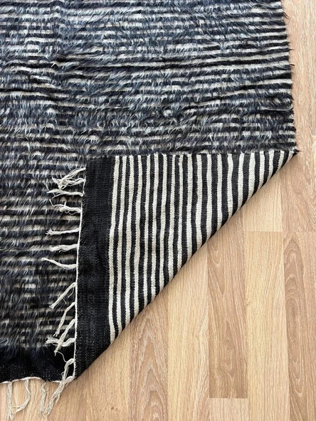 125x190 cm El Dokuma Siyah Beyaz Yün Kilim, Çizgili Motifli Modern Nostaljik Kilim, Şık ve Yumuşak Harika Halı - 9