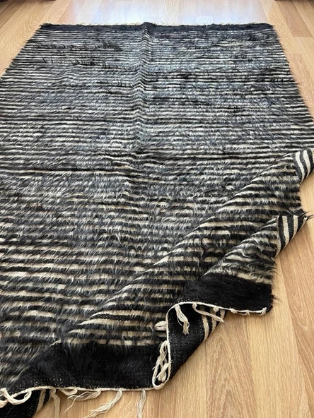 125x190 cm El Dokuma Siyah Beyaz Yün Kilim, Çizgili Motifli Modern Nostaljik Kilim, Şık ve Yumuşak Harika Halı - 7
