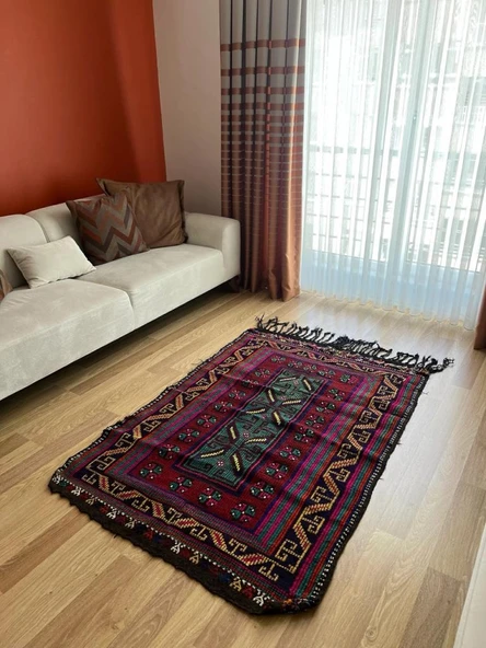 170x116 cm Bohem Stili Türk Kilim, Geometrik ve Koç Boynuzlu Motifler, Canlı Mavi ve Bordo Renkler, El Dokuma Kilim - 2