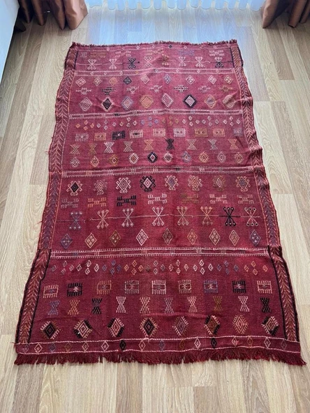190x120 cm El Dokuma Türk Kilim, Ender Desenli Kırmızı Kilim, Akrep ve Koç Boynuzlu Motifler, Boho Stili Eşsiz Kilim - 10