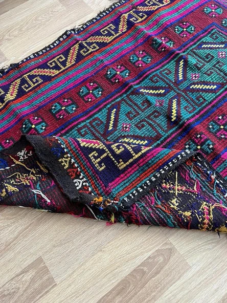 170x116 cm Bohem Stili Türk Kilim, Geometrik ve Koç Boynuzlu Motifler, Canlı Mavi ve Bordo Renkler, El Dokuma Kilim - 5