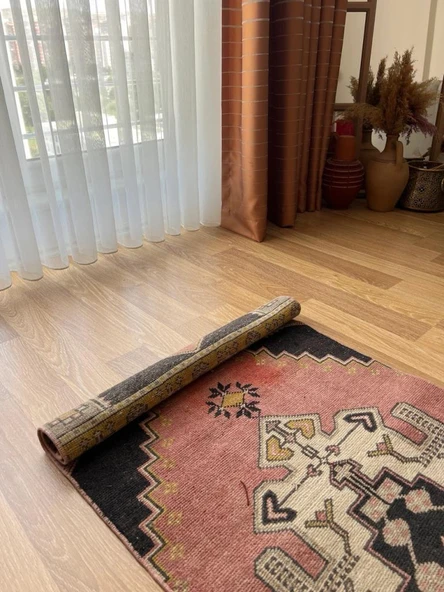 66x242 cm Vintage Türk El Dokuma Yolluk, Uzun Pembe, Siyah ve Krem Yün Halı, El Dokuması Modern Yolluk - 3