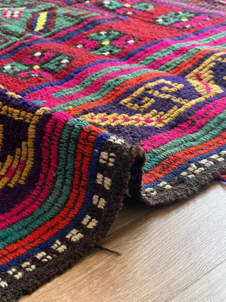 170x116 cm Bohem Stili Türk Kilim, Geometrik ve Koç Boynuzlu Motifler, Canlı Mavi ve Bordo Renkler, El Dokuma Kilim - 4