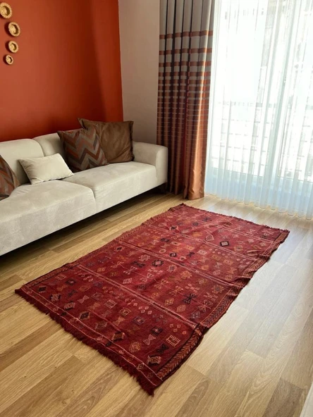 190x120 cm El Dokuma Türk Kilim, Ender Desenli Kırmızı Kilim, Akrep ve Koç Boynuzlu Motifler, Boho Stili Eşsiz Kilim - 2