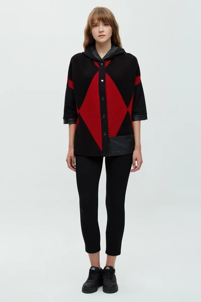 Daido Oversize Kapüşonlu 3/4 Kol Kadın Hırka - Geometrik Desen