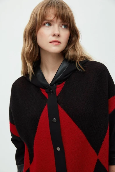 Daido Oversize Kapüşonlu 3/4 Kol Kadın Hırka - Geometrik Desen - 3