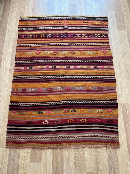 150x105 cm El Dokuma Bohem Türk Kilim Halı, Geometrik ve Çizgili Desenli, Nadir Vintage Kilim, Ev Dekoru