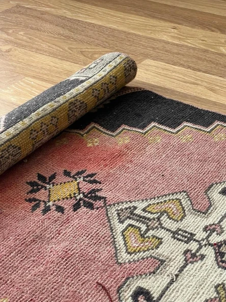 66x242 cm Vintage Türk El Dokuma Yolluk, Uzun Pembe, Siyah ve Krem Yün Halı, El Dokuması Modern Yolluk - 6