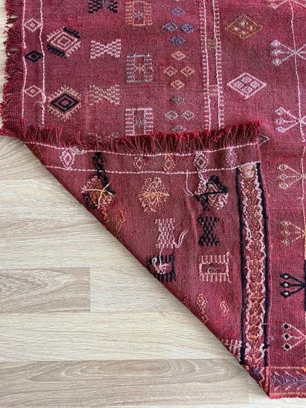 190x120 cm El Dokuma Türk Kilim, Ender Desenli Kırmızı Kilim, Akrep ve Koç Boynuzlu Motifler, Boho Stili Eşsiz Kilim - 7