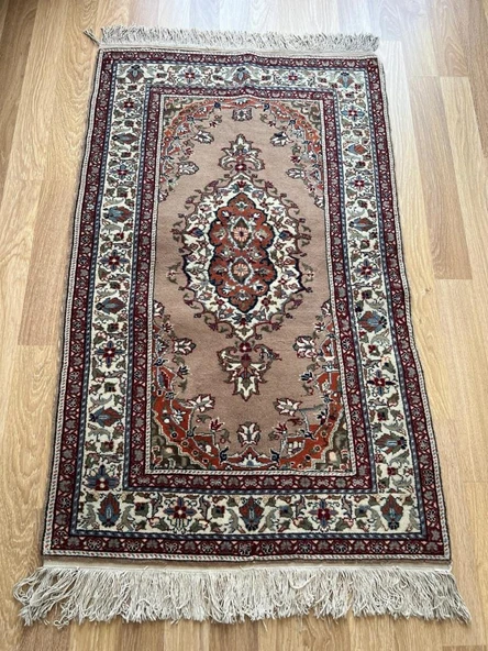 90x143 cm Antika Türk Çiçekli Halı, Kahverengi Yün Halı, 40 Yıllık El Dokuma Kilim, Boho Stili Harika Halı