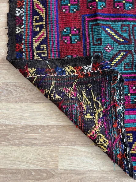 170x116 cm Bohem Stili Türk Kilim, Geometrik ve Koç Boynuzlu Motifler, Canlı Mavi ve Bordo Renkler, El Dokuma Kilim - 9