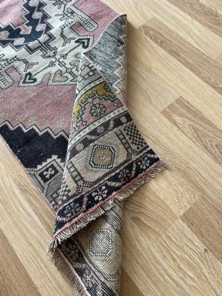 66x242 cm Vintage Türk El Dokuma Yolluk, Uzun Pembe, Siyah ve Krem Yün Halı, El Dokuması Modern Yolluk - 7