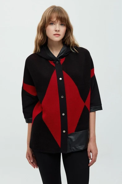 Daido Oversize Kapüşonlu 3/4 Kol Kadın Hırka - Geometrik Desen - 2