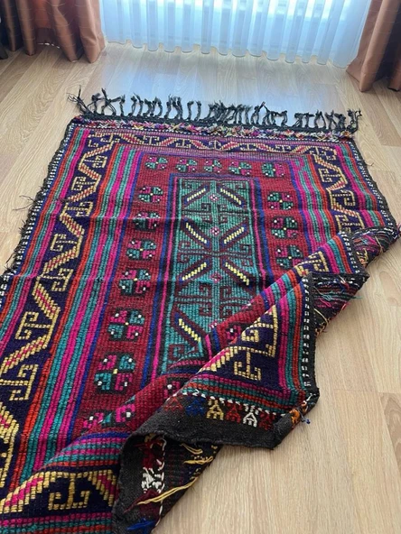 170x116 cm Bohem Stili Türk Kilim, Geometrik ve Koç Boynuzlu Motifler, Canlı Mavi ve Bordo Renkler, El Dokuma Kilim - 6