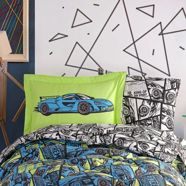Hobby Cars Mavi -  Poplin Studio Tek Kişilik Uyku Seti - 2