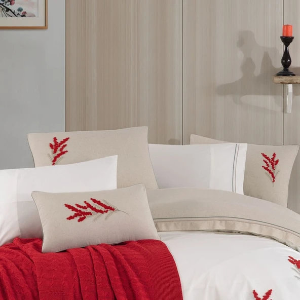 Hobby Mimoza Keten Çift Kişilik Çeyiz Seti - Kırmızı - Resim 3