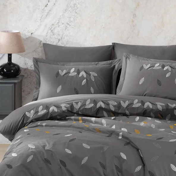 Hobby Premium Lidia Gri - Poplin Çift Kişilik Nakışlı Nevresim Takımı - 2