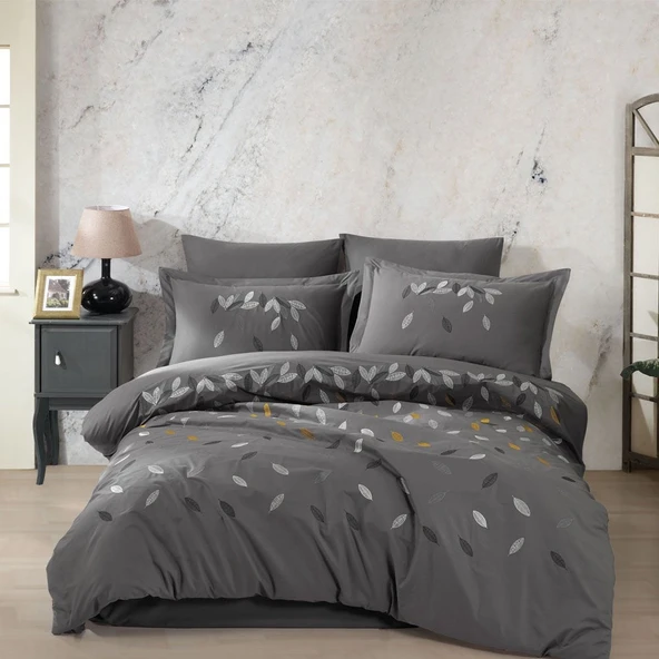Hobby Premium Lidia Gri - Poplin Çift Kişilik Nakışlı Nevresim Takımı