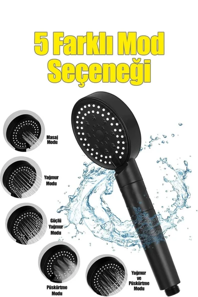 By-Ka 5 Fonksiyonlu Su Tasarruflu Duş Başlığı+ Siyah Mafsal+ 150 Cm Siyah Hortum - 2