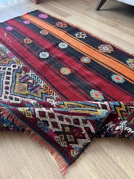 176x126 cm El Dokuma Renkli Kilim, Renkli ve Koç boynuzlu Motif, Ender Tasarım Vintage Halı, Harika Ev Hediyesi - 9