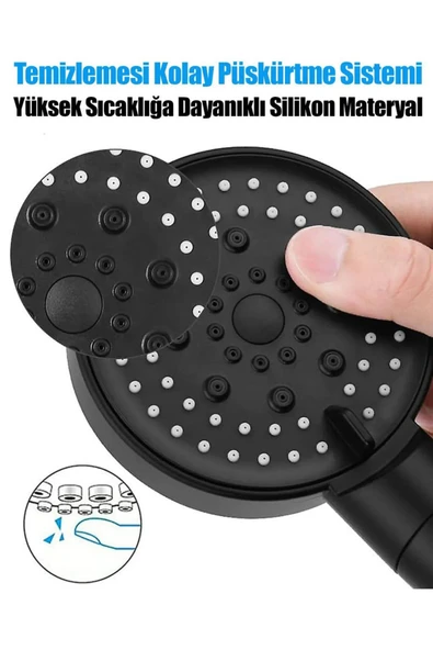 By-Ka 5 Fonksiyonlu Su Tasarruflu Duş Başlığı+ Siyah Mafsal+ 150 Cm Siyah Hortum - 5