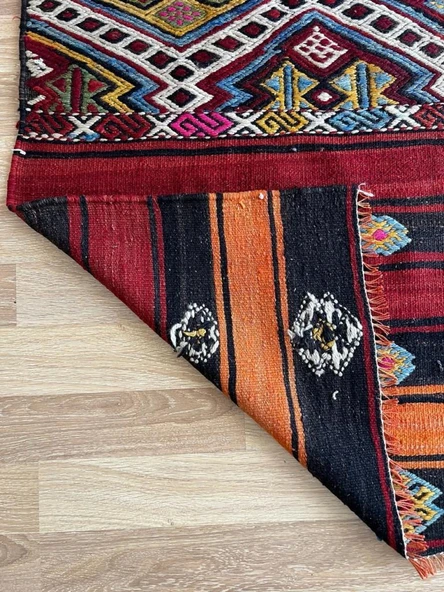 176x126 cm El Dokuma Renkli Kilim, Renkli ve Koç boynuzlu Motif, Ender Tasarım Vintage Halı, Harika Ev Hediyesi - 5