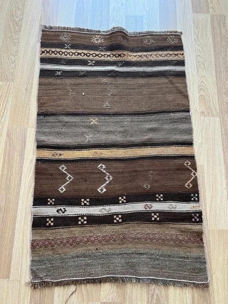 125x80 cm Bohem Stili Çizgili Halı, Kahverengi Tonlarında Yün Kilim, Şık ve Sıcak Halı, El Dokuma Harika Vintage Kilim