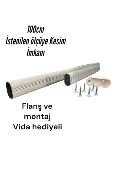 By-Ka Oval Alüminyum 100 Cm Dolap İçi Askı Borusu 2 Adet Flanş Vidaları - 2