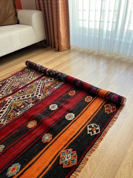 176x126 cm El Dokuma Renkli Kilim, Renkli ve Koç boynuzlu Motif, Ender Tasarım Vintage Halı, Harika Ev Hediyesi - 2