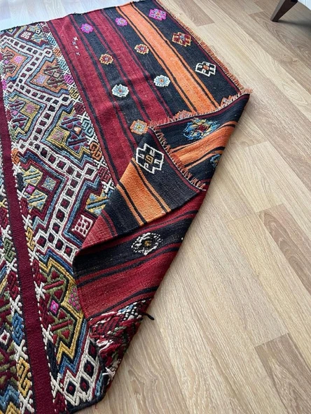 176x126 cm El Dokuma Renkli Kilim, Renkli ve Koç boynuzlu Motif, Ender Tasarım Vintage Halı, Harika Ev Hediyesi - 8