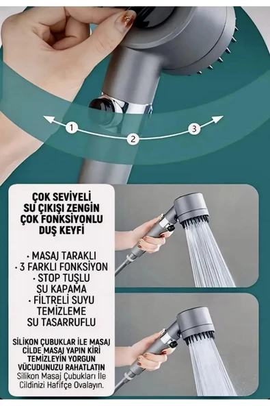 3 Fonksiyonlu Start Stop Tuşlu Filtreli Basınçlı Masaj Etkili Duş Başlığı - 2