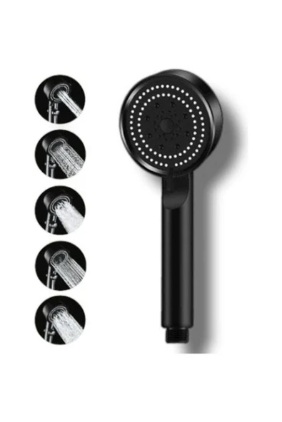 By-Ka Siyah Lüks 5 Fonksiyonlu Ayarlanabilir Dayanıklı Yüksek Tazyikli Duş Başlığı Banyo El Duşu Hortumsuz